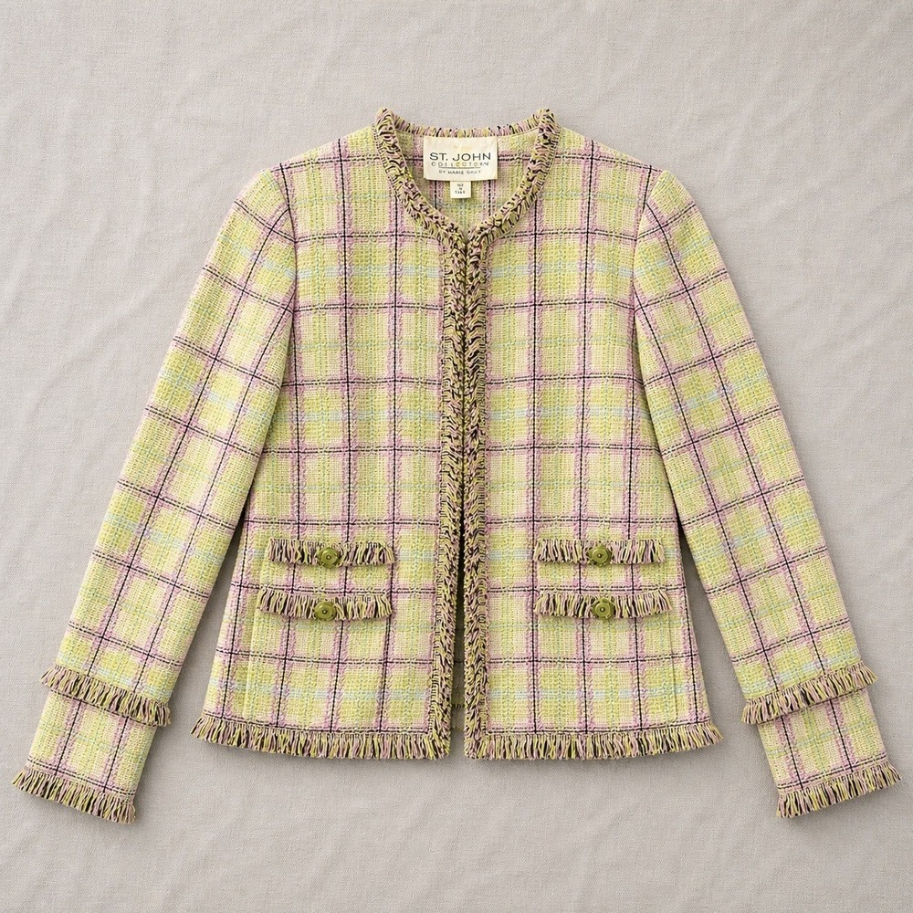 St John Collection Jacket Womens 4 Tweed Fringe Plaid Knit Blazer USA